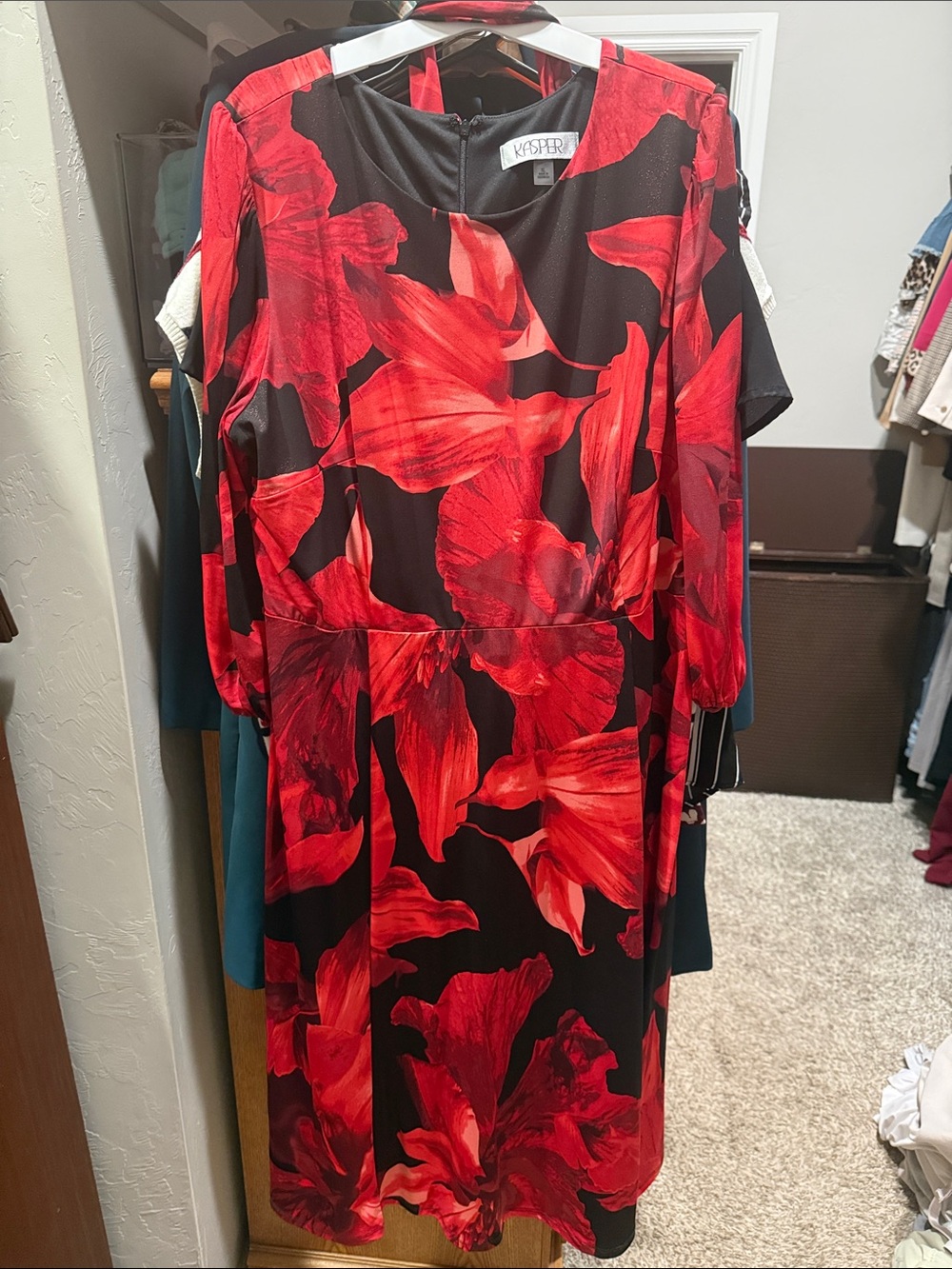 Kasper Black Dress with Bold Red Floral Print, Long Sleeve